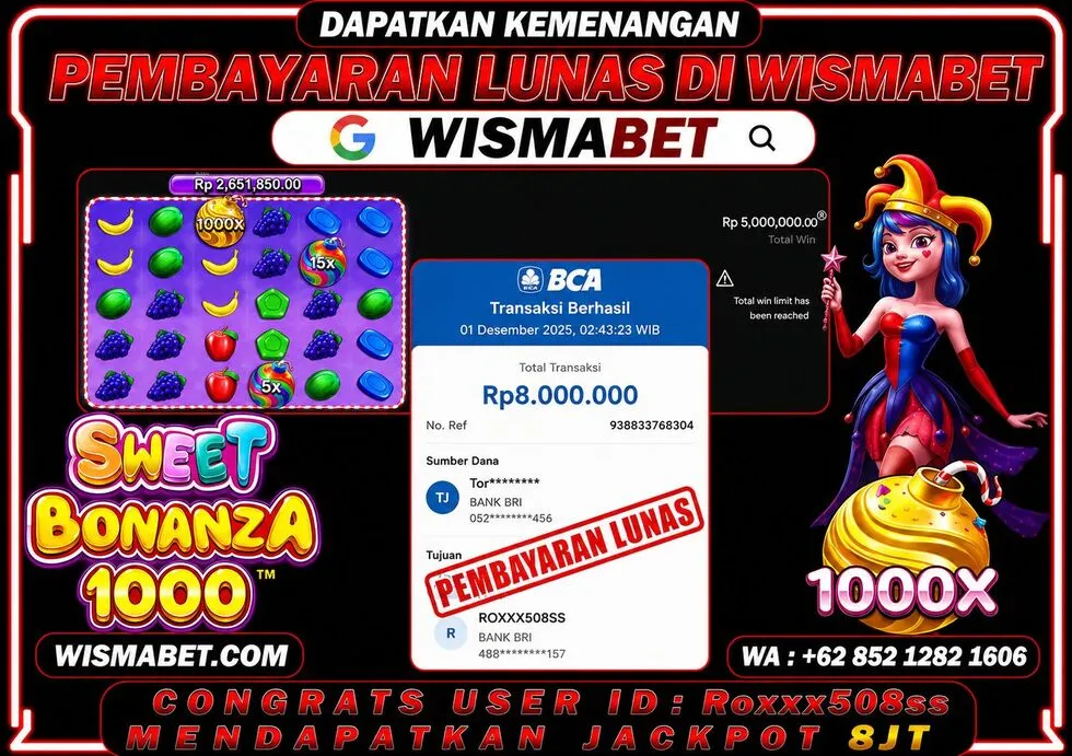 Wismabet - BUKTI KEMENANGAN JACKPOT Sweet Bonanza 1000 Rp8,000,000,- LUNAS